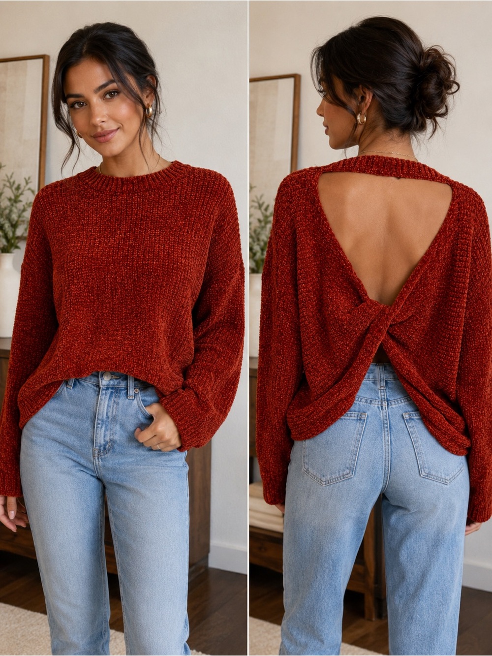 SAGE THE LABEL Melanie Back Twist Sweater Red Open Back Knit NWT Small